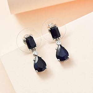 Madagascar Blue Sapphire (DF) and White Zircon Drop Earrings in Platinum Over Sterling Silver 3.90 ctw