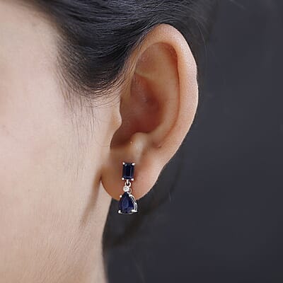 Madagascar Blue Sapphire (DF) and White Zircon Drop Earrings in Platinum Over Sterling Silver 3.90 ctw