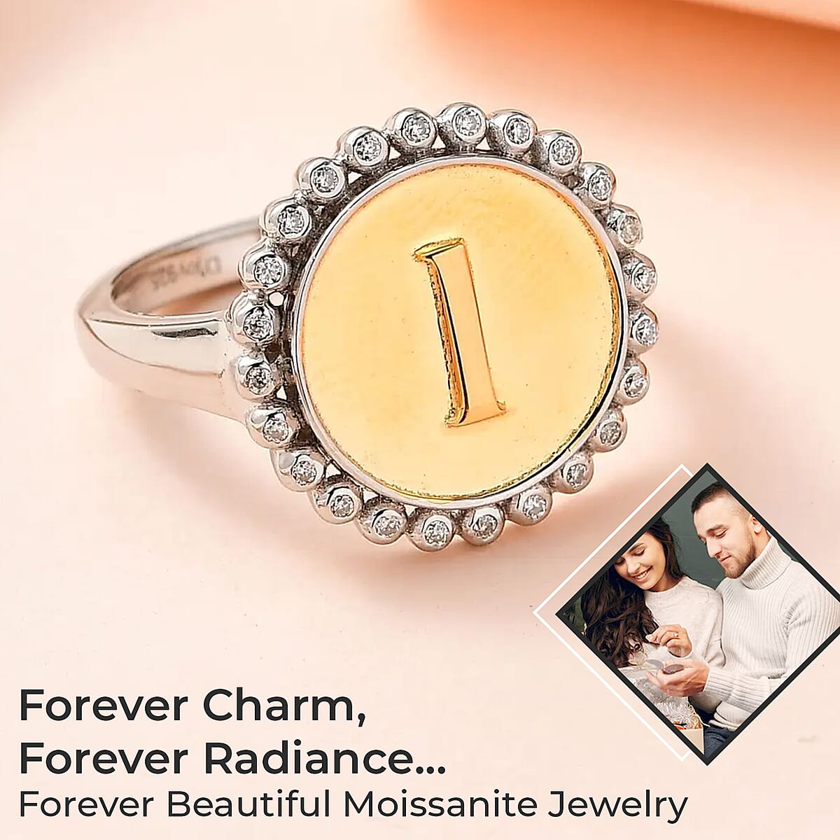 Moissanite Medallion Coin Initial L Ring in Vermeil YG and Platinum Over Sterling Silver (Size 7.0) 0.10 ctw image number 1