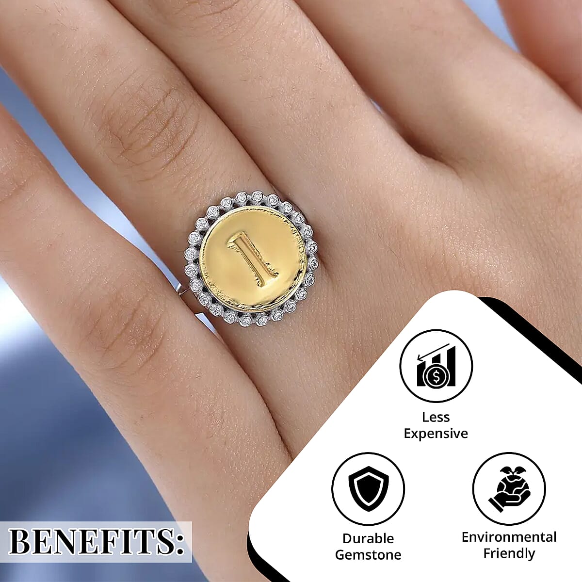 Moissanite Medallion Coin Initial L Ring in Vermeil YG and Platinum Over Sterling Silver (Size 7.0) 0.10 ctw image number 3