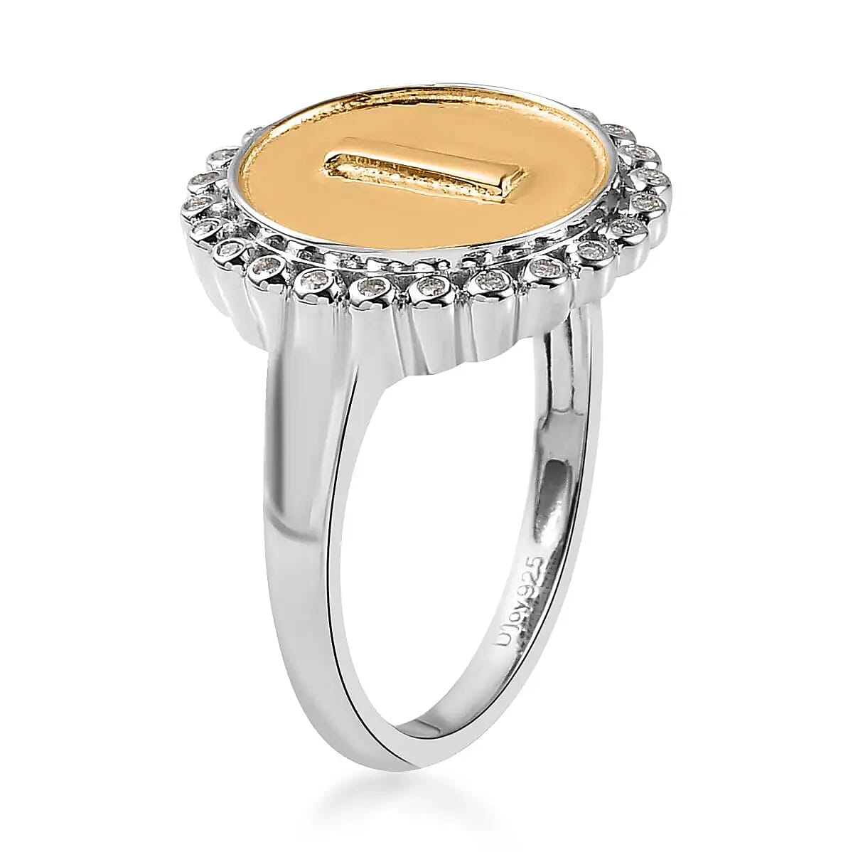 Moissanite Medallion Coin Initial L Ring in Vermeil YG and Platinum Over Sterling Silver (Size 7.0) 0.10 ctw image number 4