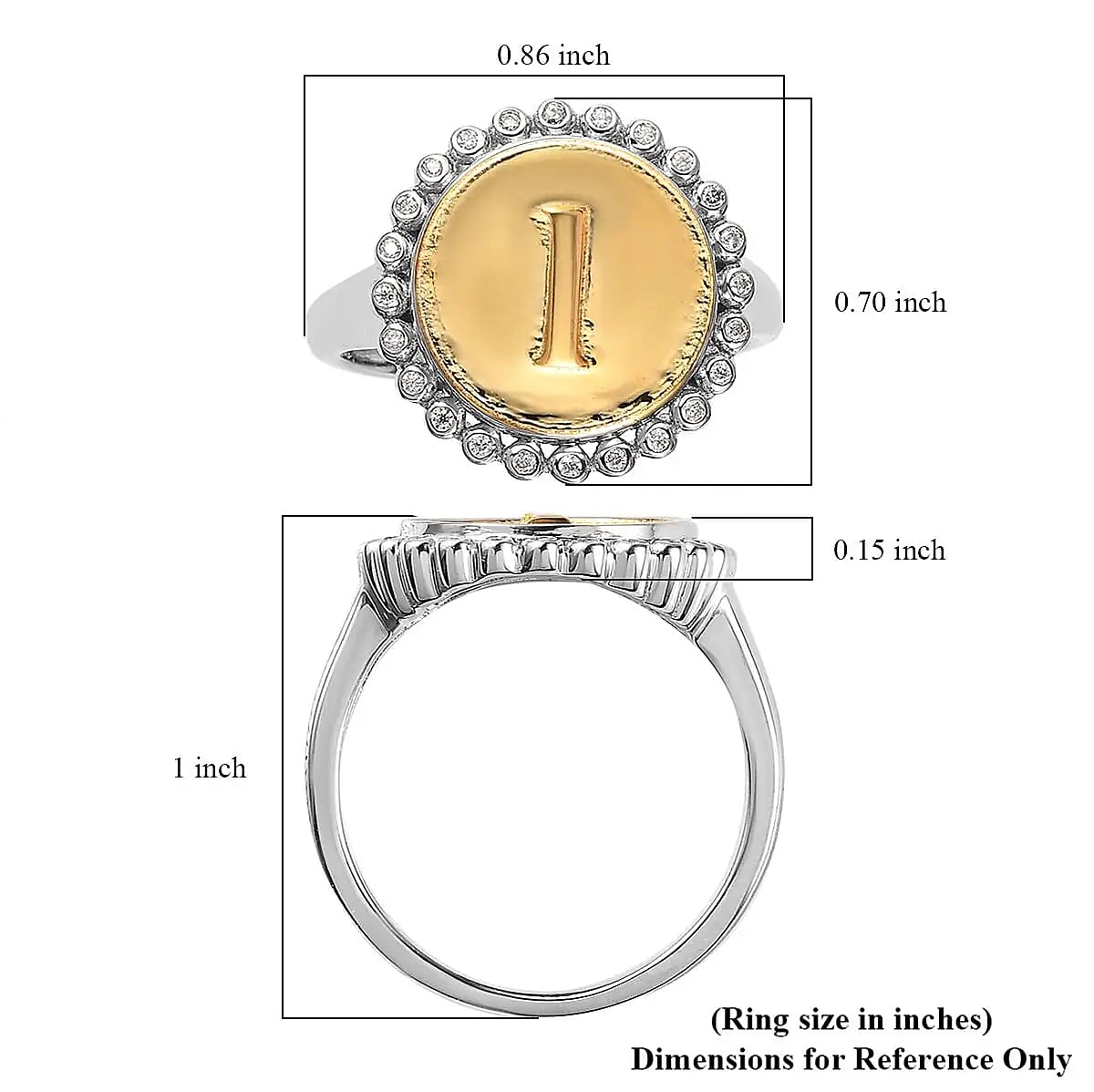Moissanite Medallion Coin Initial L Ring in Vermeil YG and Platinum Over Sterling Silver (Size 7.0) 0.10 ctw image number 6