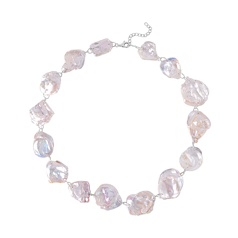 White Keshi Pearl Necklace 18 Inches in Rhodium Over Sterling Silver