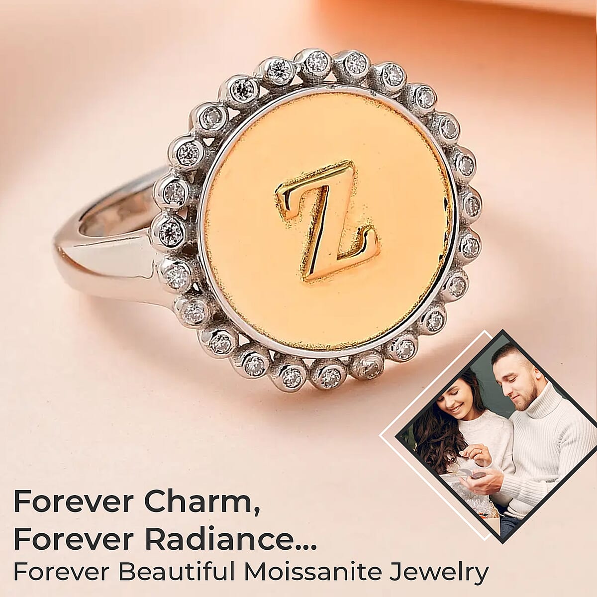 Moissanite Medallion Coin Initial Z Ring in Vermeil YG and Platinum Over Sterling Silver (Size 7.0) 0.10 ctw image number 1