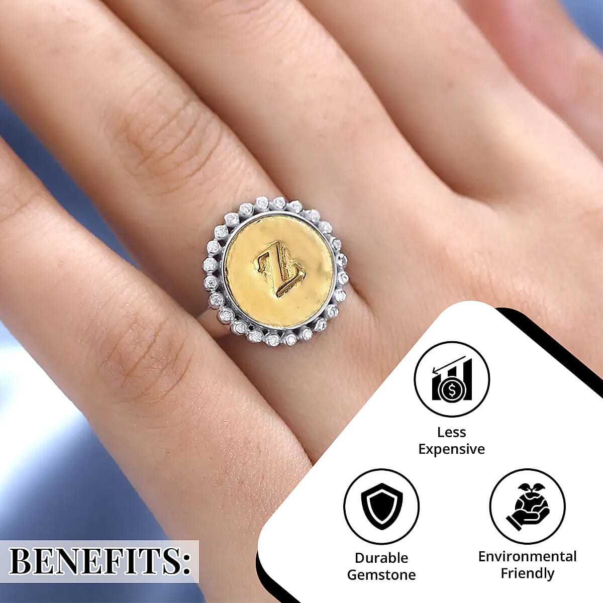 Moissanite Medallion Coin Initial Z Ring in Vermeil YG and Platinum Over Sterling Silver (Size 7.0) 0.10 ctw image number 3