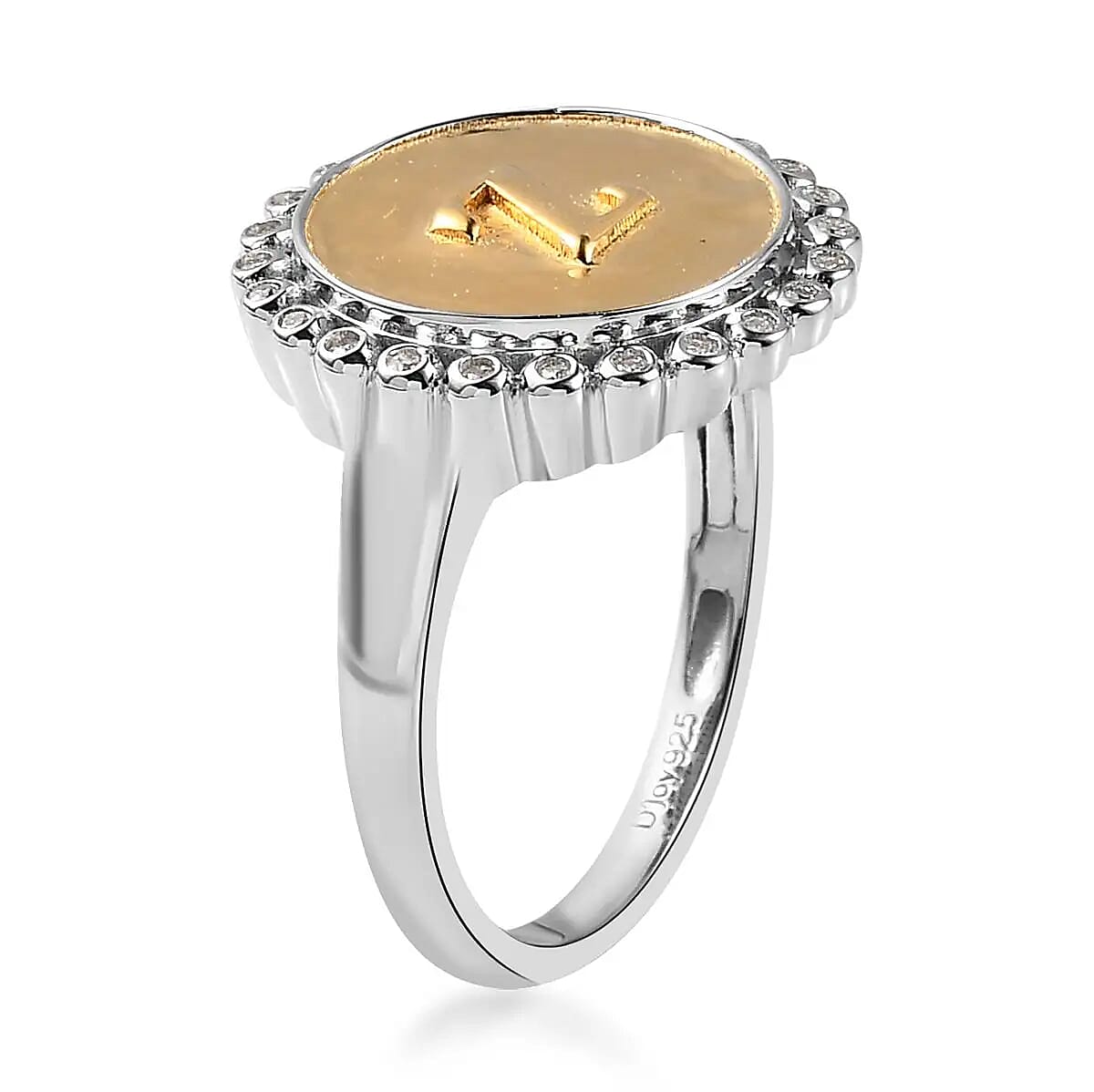 Moissanite Medallion Coin Initial Z Ring in Vermeil YG and Platinum Over Sterling Silver (Size 7.0) 0.10 ctw image number 4