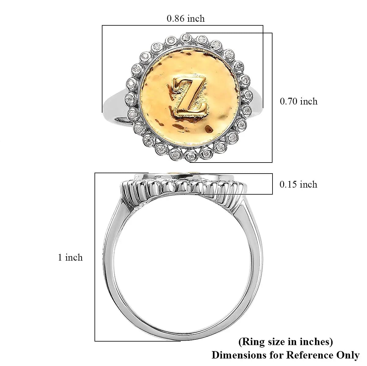 Moissanite Medallion Coin Initial Z Ring in Vermeil YG and Platinum Over Sterling Silver (Size 7.0) 0.10 ctw image number 6