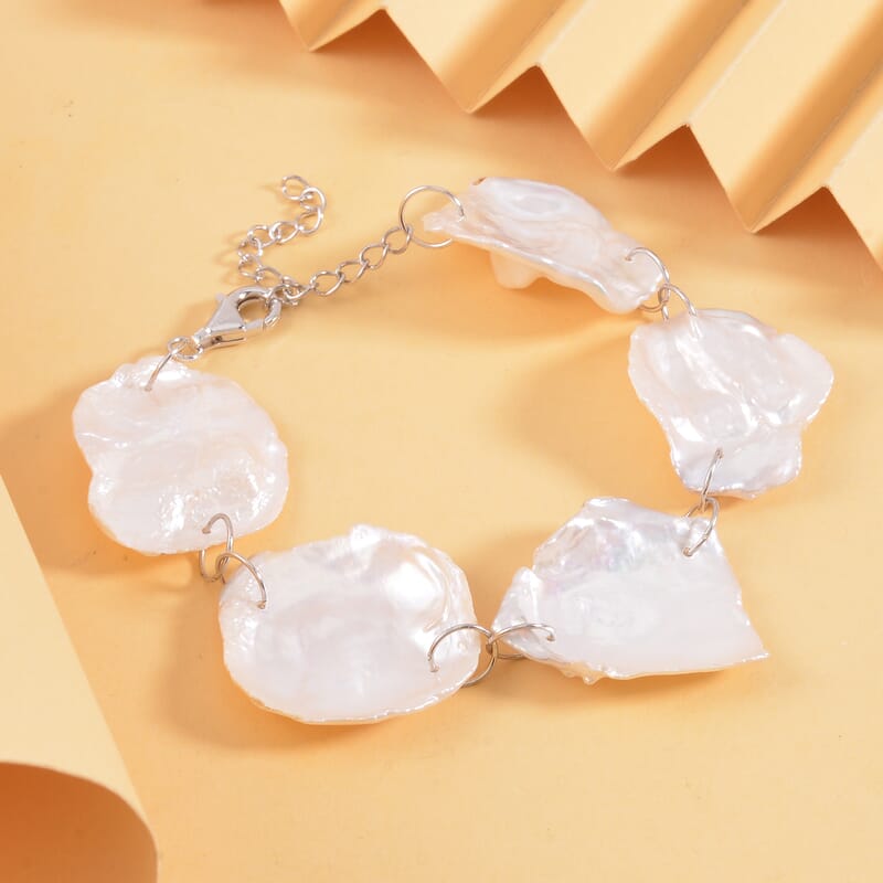 White Keshi Pearl Bracelet in Rhodium Over Sterling Silver (8.00 In)