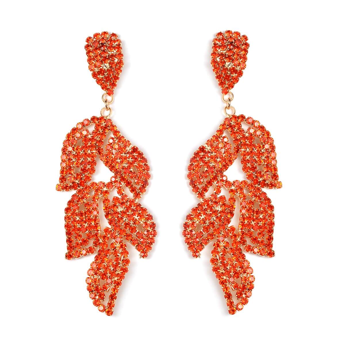 Orange Austrian Crystal Leaf Earrings in Goldtone image number 0