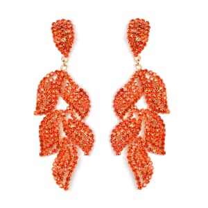 Orange Austrian Crystal Leaf Earrings in Goldtone