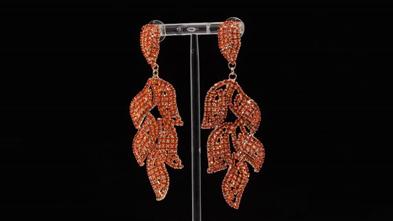 Orange Austrian Crystal Leaf Earrings in Goldtone