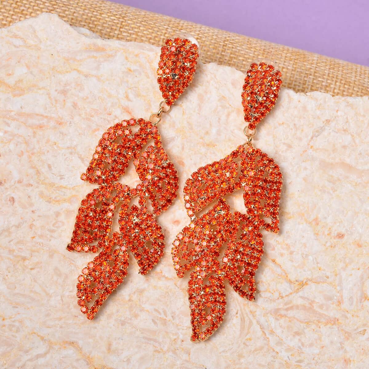 Orange Austrian Crystal Leaf Earrings in Goldtone image number 1