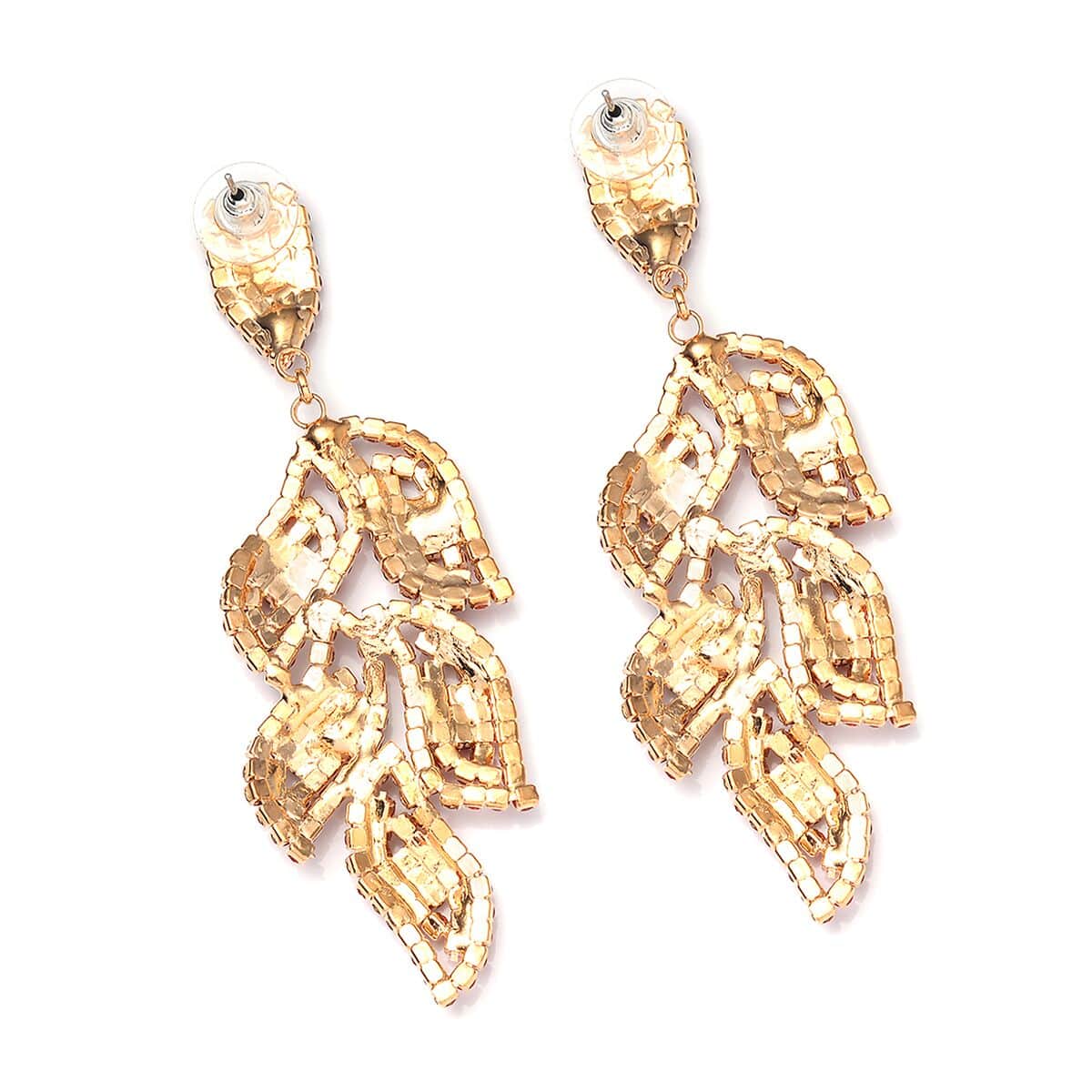 Orange Austrian Crystal Leaf Earrings in Goldtone image number 2