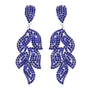 Sapphire Blue Austrian Crystal Leaf Earrings in Silvertone