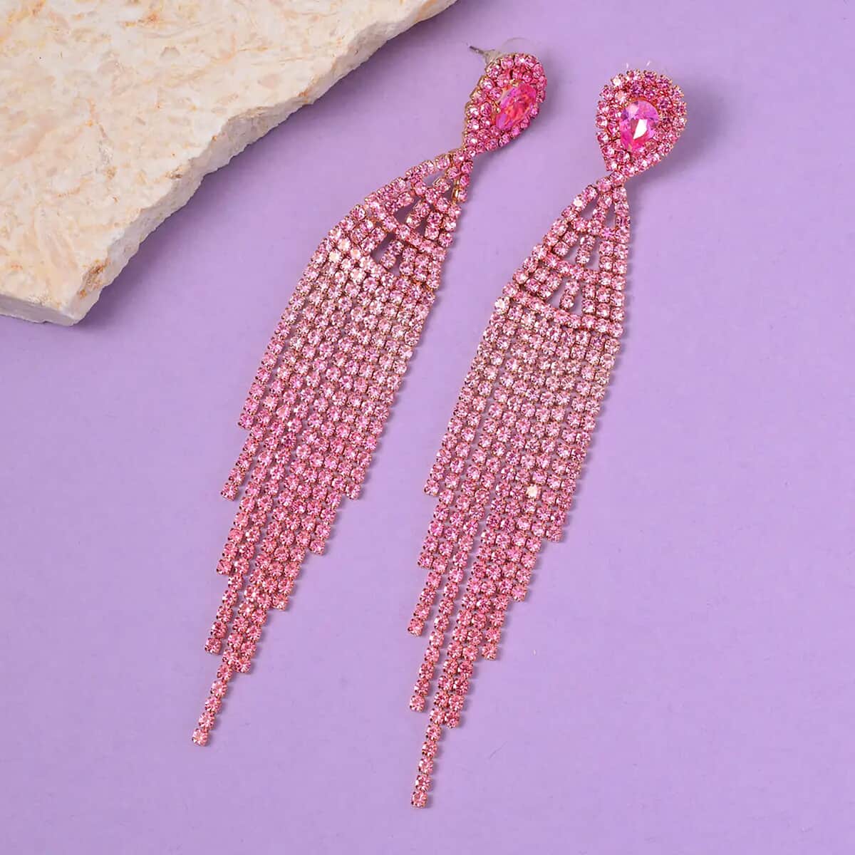 Pink Austrian Crystal Tassels Earrings in Goldtone image number 1