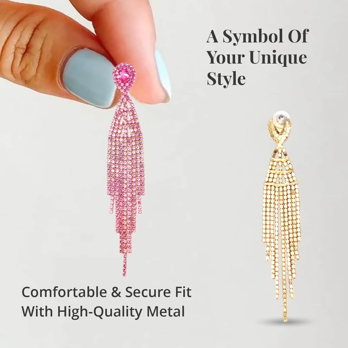 Pink Austrian Crystal Tassels Earrings in Goldtone image number 3