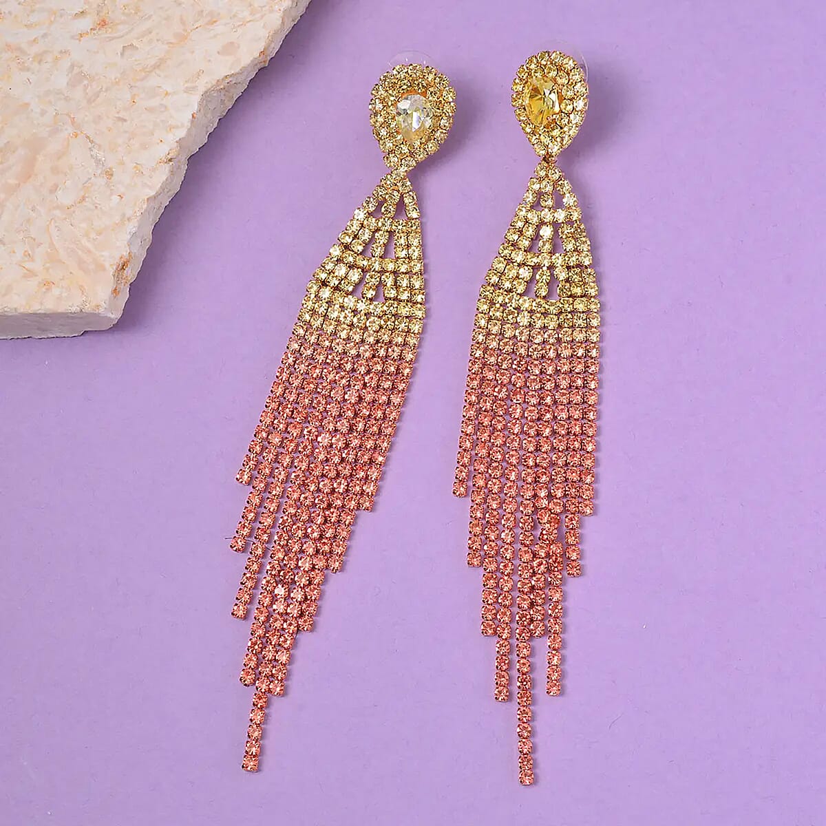 Yellow and Champagne Austrian Crystal Tassels Earrings in Goldtone image number 1