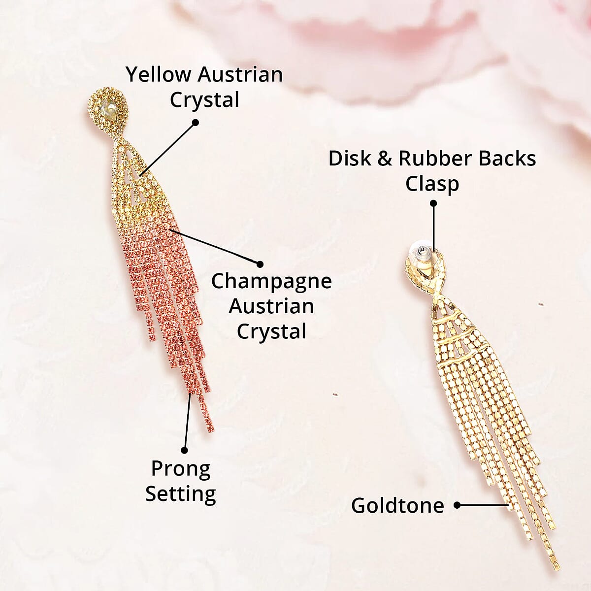 Yellow and Champagne Austrian Crystal Tassels Earrings in Goldtone image number 4