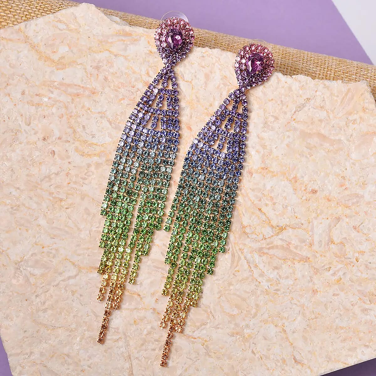 Multi Color Austrian Crystal Tassel Earrings in Goldtone image number 1