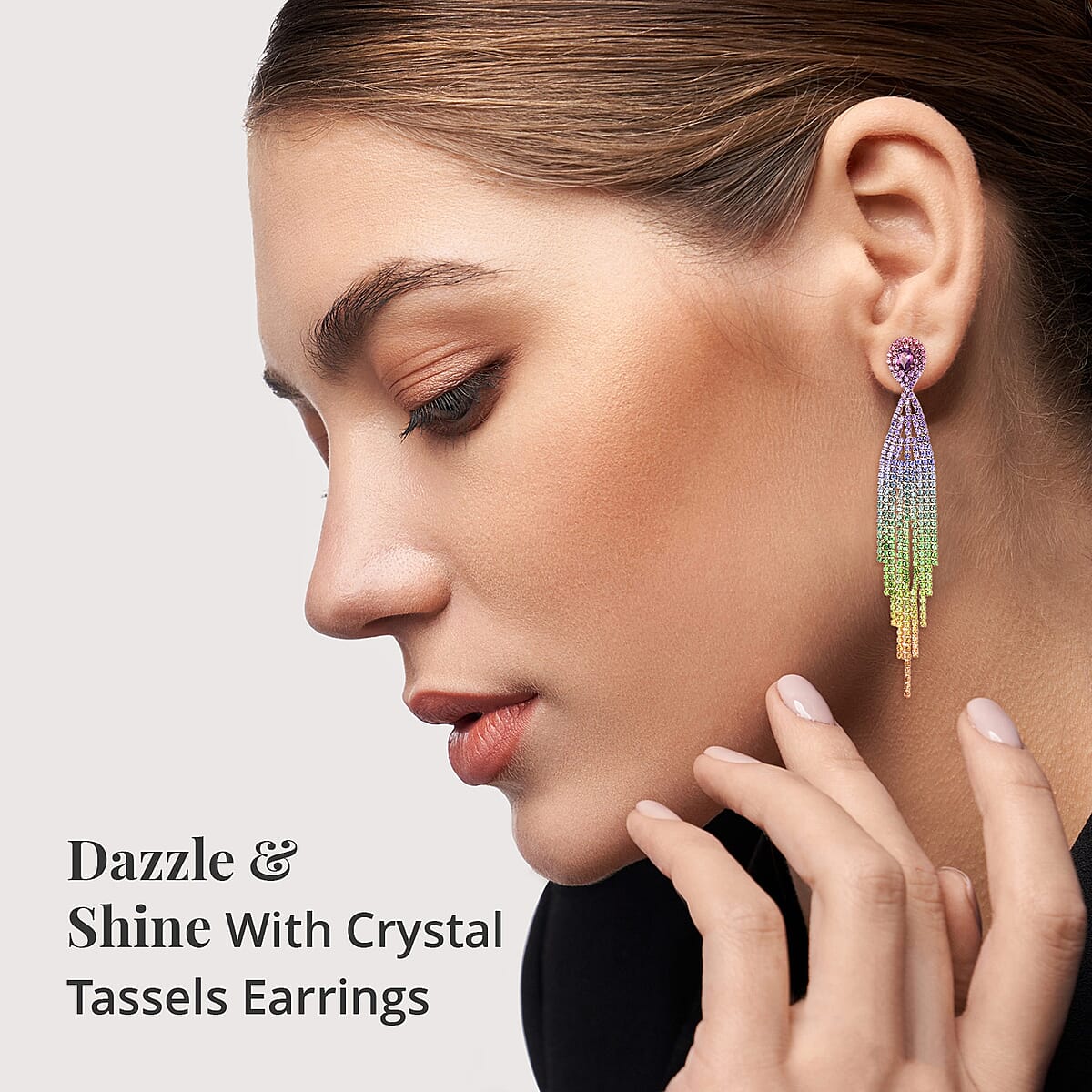 Multi Color Austrian Crystal Tassel Earrings in Goldtone image number 2