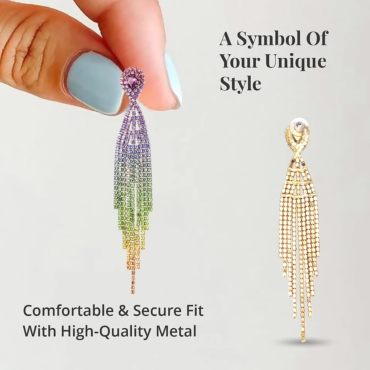 Multi Color Austrian Crystal Tassel Earrings in Goldtone image number 3