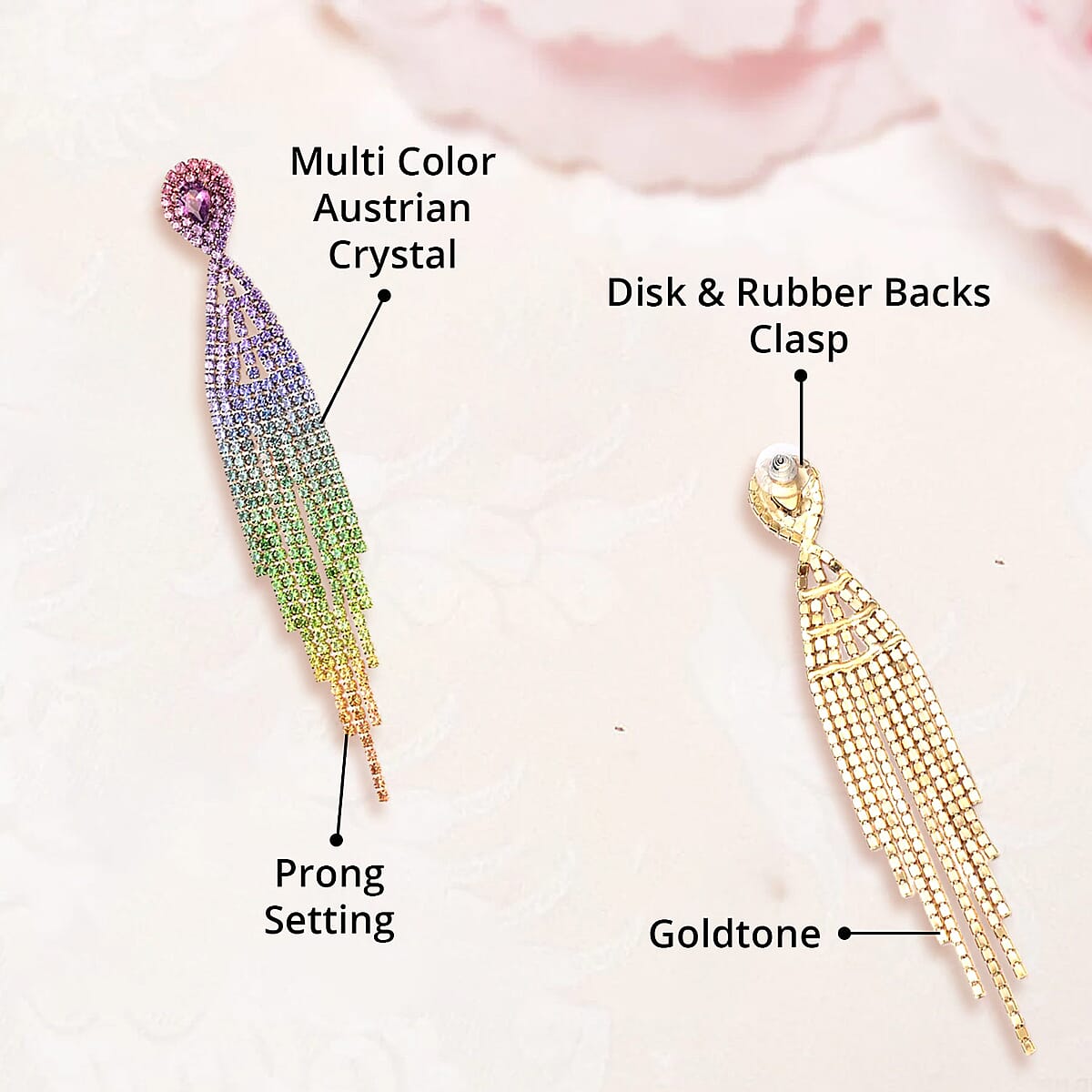 Multi Color Austrian Crystal Tassel Earrings in Goldtone image number 4