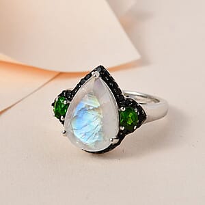 Premium Rainbow Moonstone and Multi Gemstone Ring in Platinum Over Sterling Silver (Size 8.0) 5.90 ctw