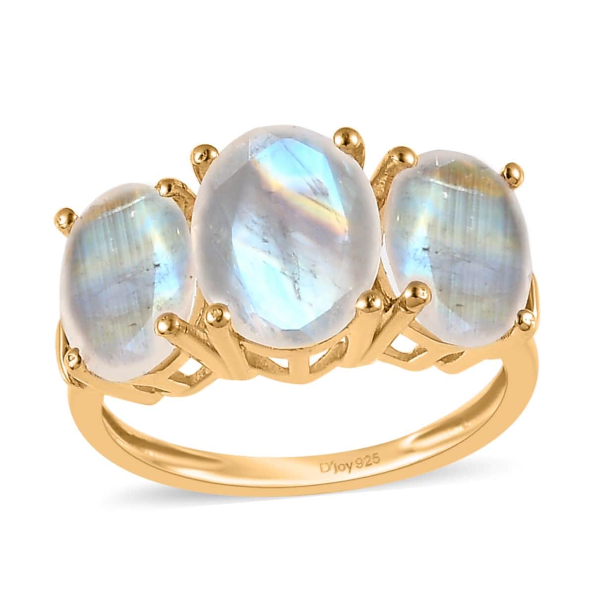 Premium Rainbow Moonstone and Diamond 3 Stone Ring in Vermeil Yellow Gold Over Sterling Silver 4.35 ctw image number 0