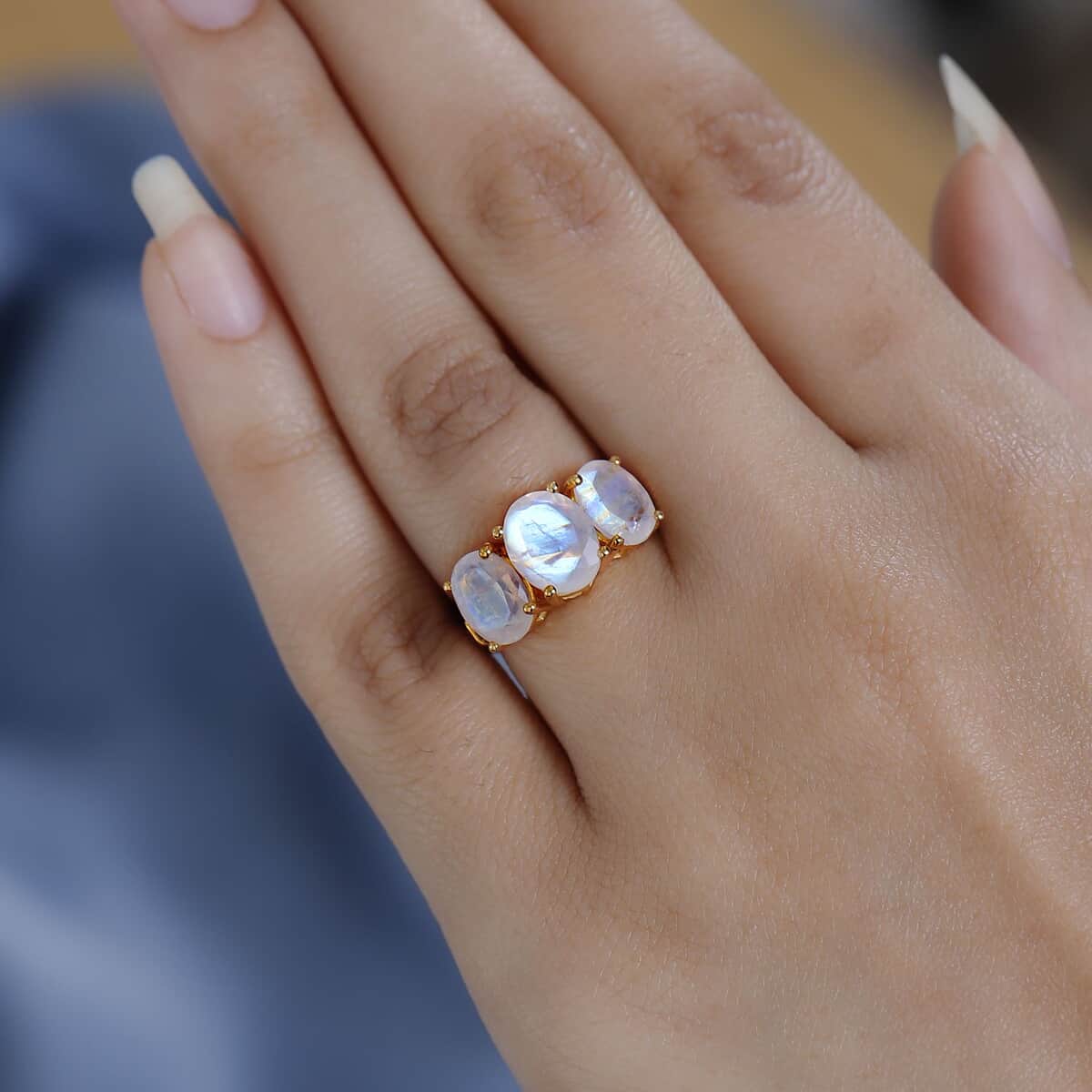 Premium Rainbow Moonstone and Diamond 3 Stone Ring in Vermeil Yellow Gold Over Sterling Silver 4.35 ctw image number 2