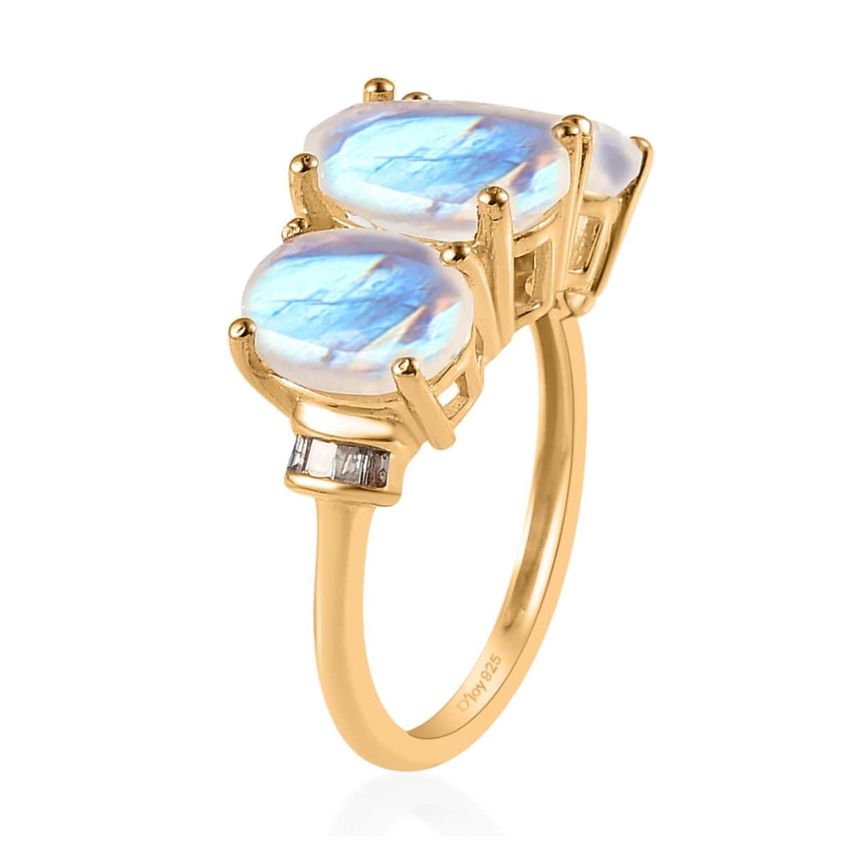 Premium Rainbow Moonstone and Diamond 3 Stone Ring in Vermeil Yellow Gold Over Sterling Silver 4.35 ctw image number 3