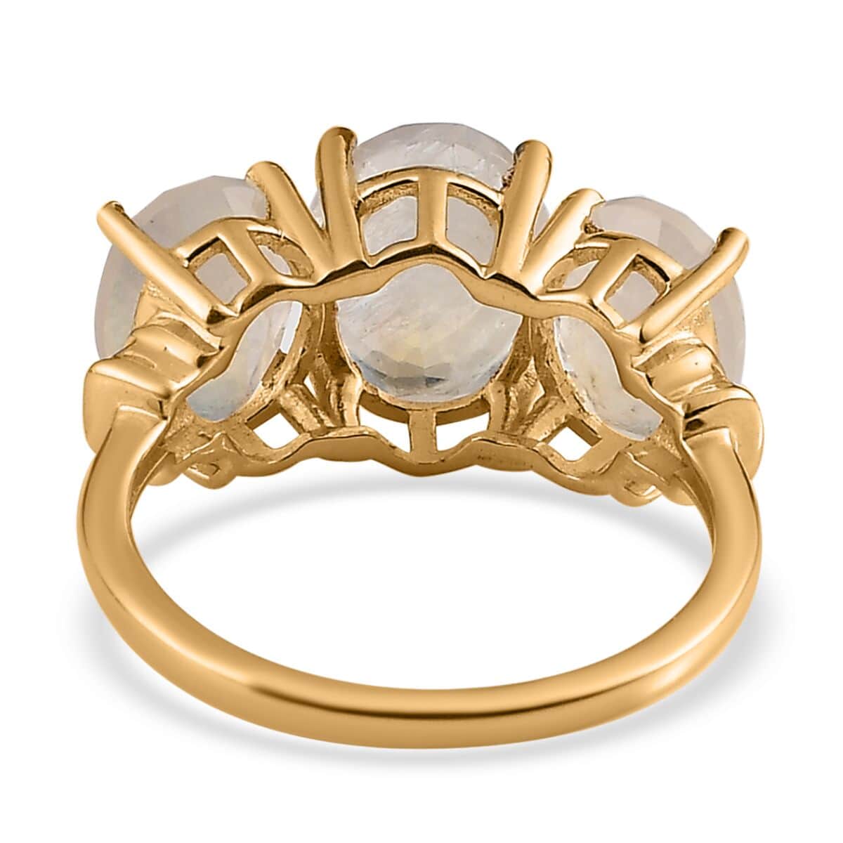 Premium Rainbow Moonstone and Diamond 3 Stone Ring in Vermeil Yellow Gold Over Sterling Silver 4.35 ctw image number 4
