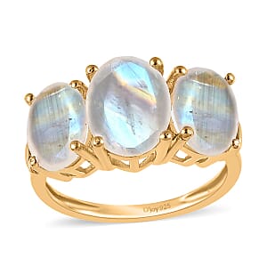 Premium Rainbow Moonstone and Diamond 3 Stone Ring in Vermeil Yellow Gold Over Sterling Silver (Size 7.0) 4.35 ctw