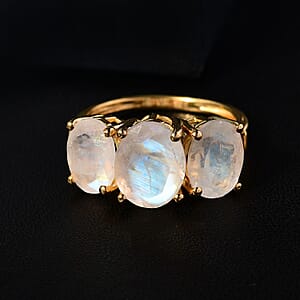 Premium Rainbow Moonstone and Diamond 3 Stone Ring in Vermeil Yellow Gold Over Sterling Silver (Size 7.0) 4.35 ctw
