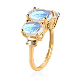 Premium Rainbow Moonstone and Diamond 3 Stone Ring in Vermeil Yellow Gold Over Sterling Silver (Size 7.0) 4.35 ctw