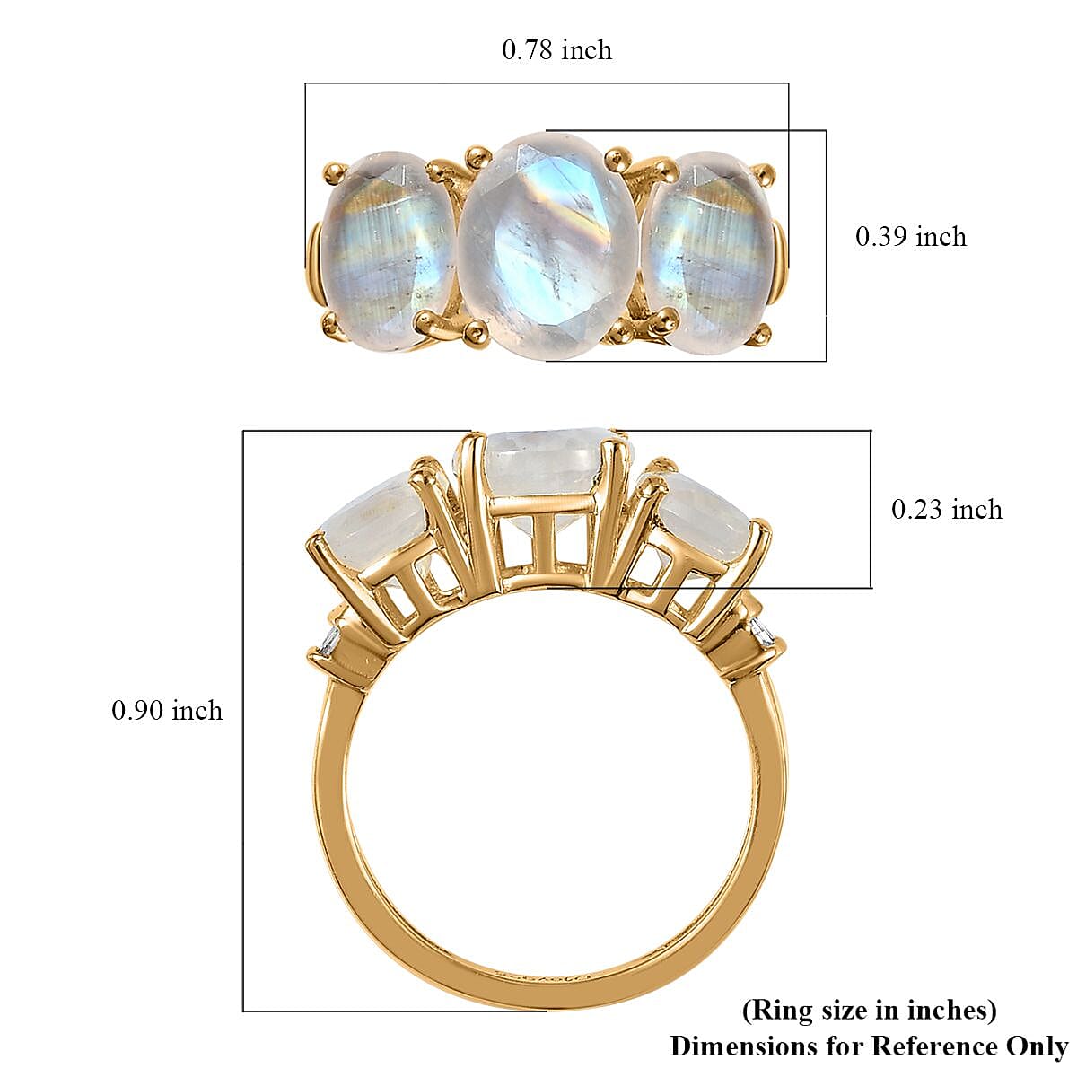 Premium Rainbow Moonstone and Diamond 3 Stone Ring in Vermeil Yellow Gold Over Sterling Silver (Size 7.0) 4.35 ctw image number 5
