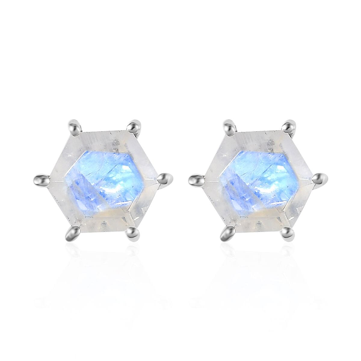 Premium Rainbow Moonstone Stud Earrings in Platinum Over Sterling Silver 1.90 ctw