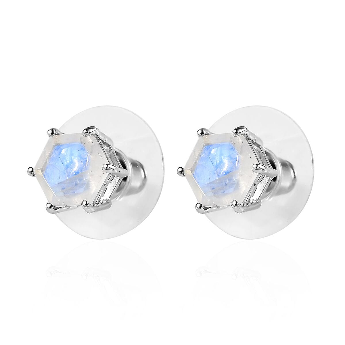Premium Rainbow Moonstone Stud Earrings in Platinum Over Sterling Silver 1.90 ctw
