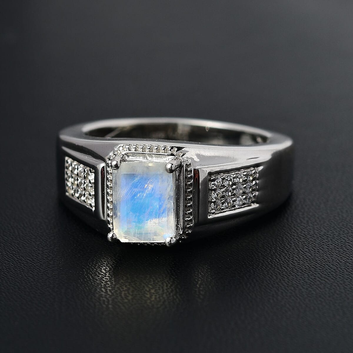 Premium Rainbow Moonston and White Zircon Men's Ring in Platinum Over Sterling Silver 1.90 ctw image number 1