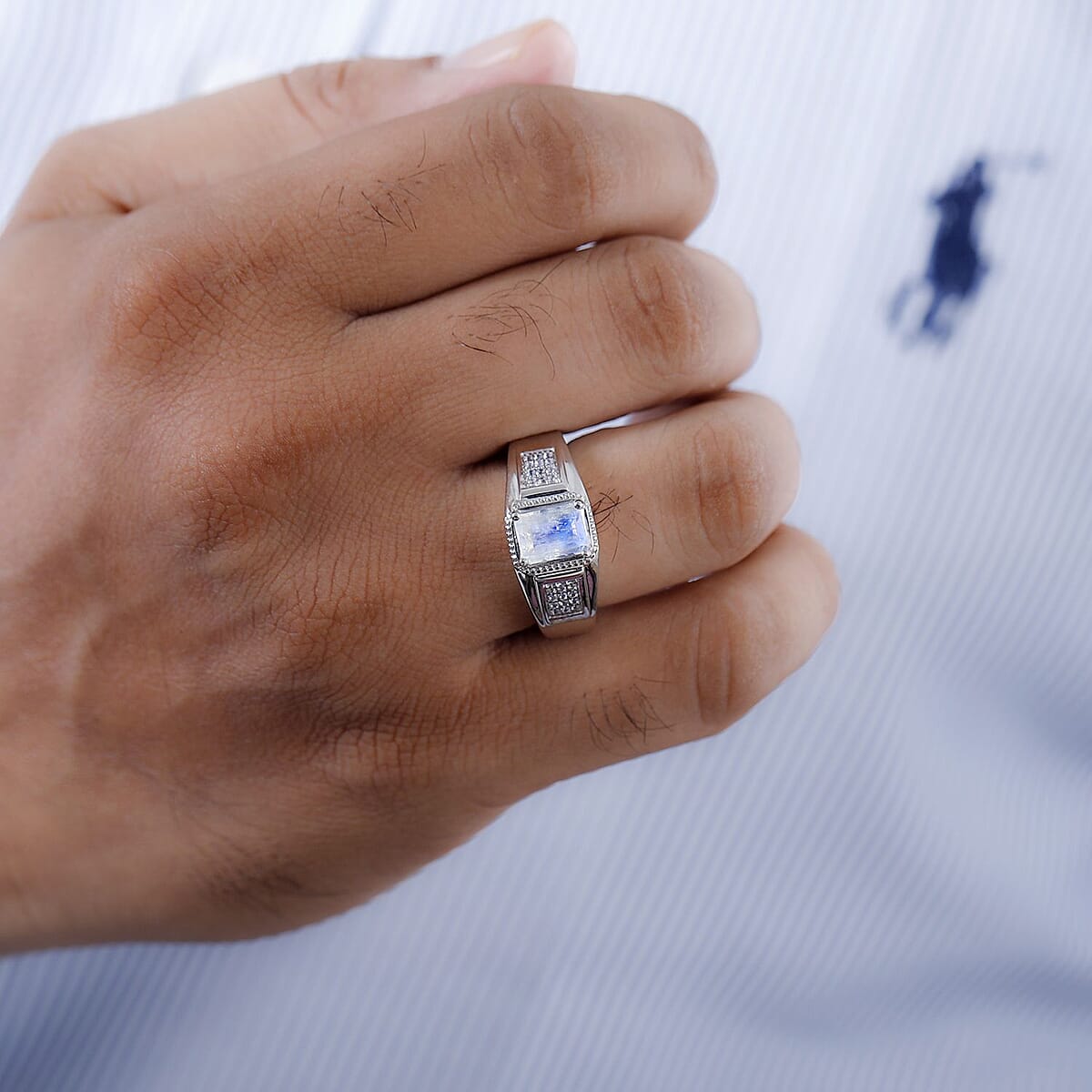 Premium Rainbow Moonston and White Zircon Men's Ring in Platinum Over Sterling Silver 1.90 ctw image number 2