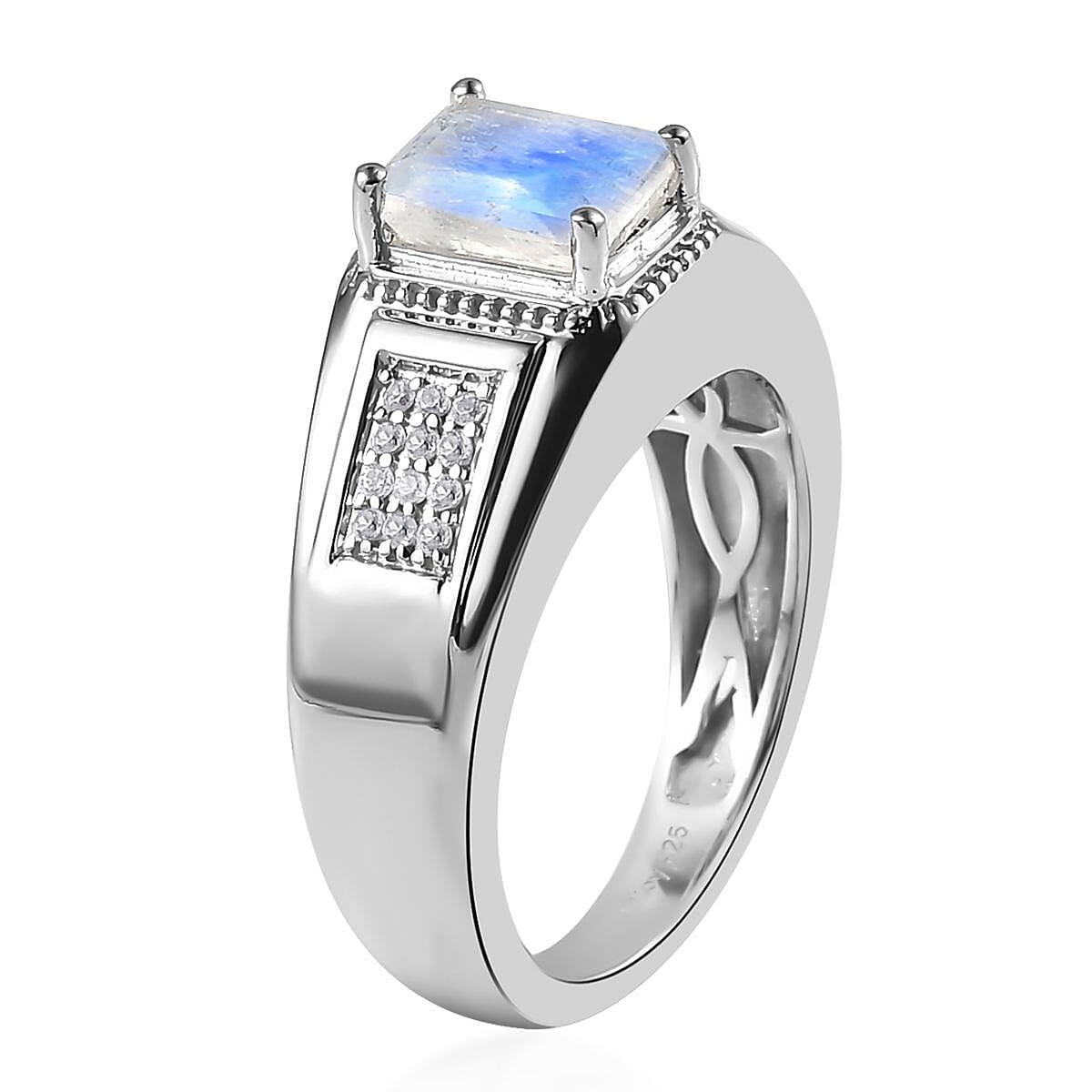 Premium Rainbow Moonston and White Zircon Men's Ring in Platinum Over Sterling Silver 1.90 ctw image number 3