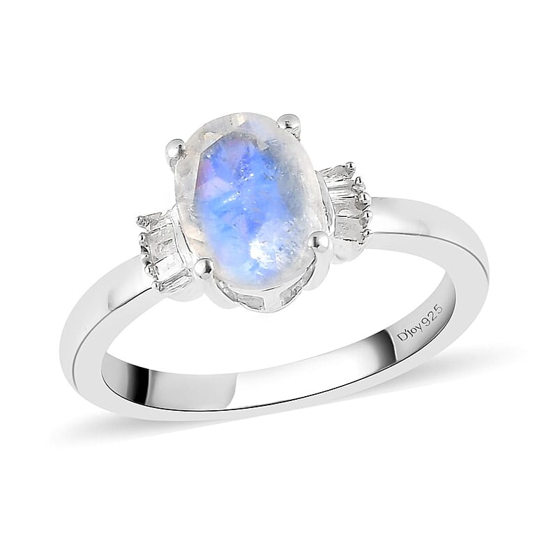 Premium Rainbow Moonstone and Diamond Ring in Platinum Over Sterling Silver (Size 10.0) 1.25 ctw
