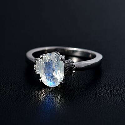 Premium Rainbow Moonstone and Diamond Ring in Platinum Over Sterling Silver (Size 10.0) 1.25 ctw
