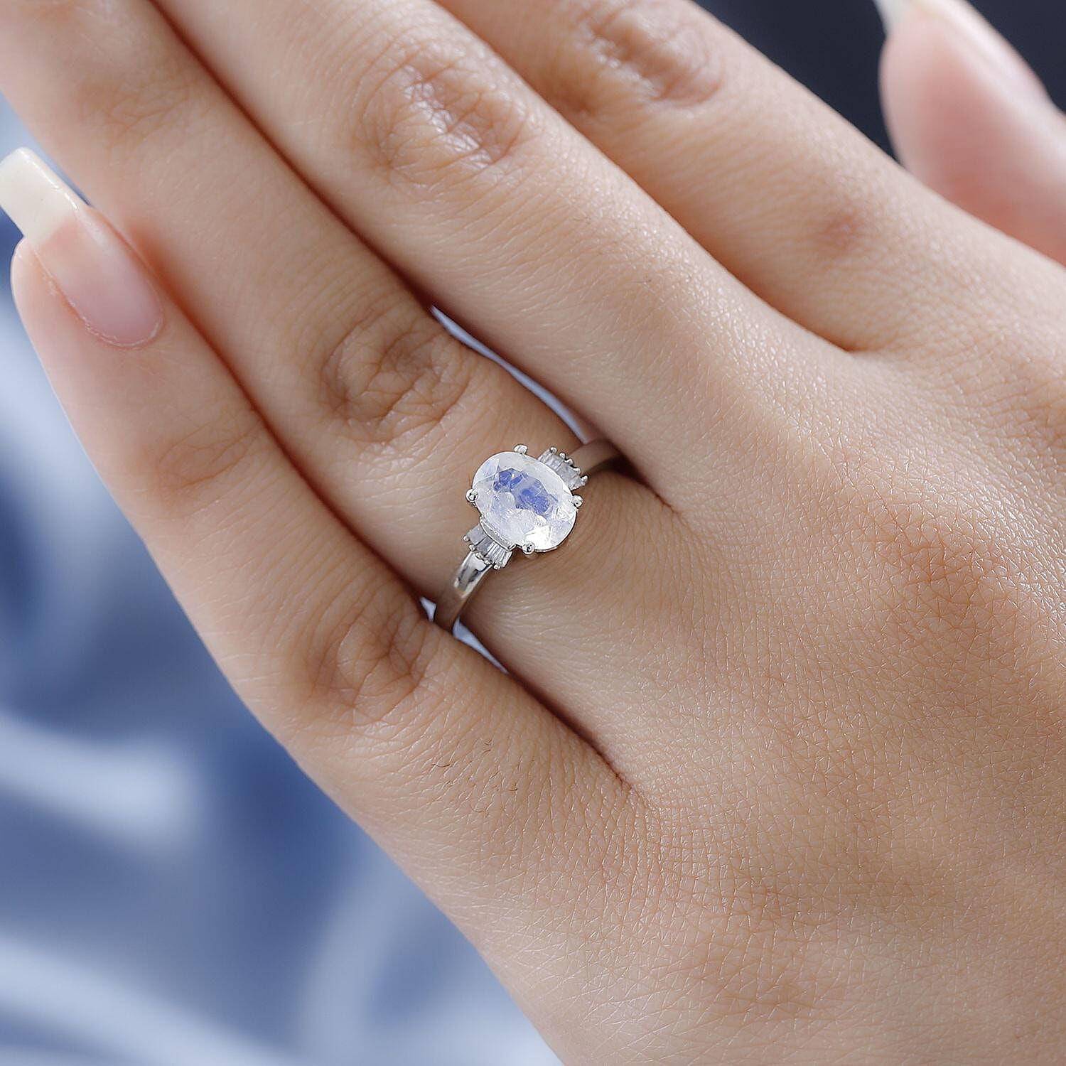 Premium Rainbow Moonstone and Diamond Ring in Platinum Over Sterling Silver (Size 10.0) 1.25 ctw