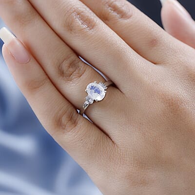 Premium Rainbow Moonstone and Diamond Ring in Platinum Over Sterling Silver (Size 10.0) 1.25 ctw