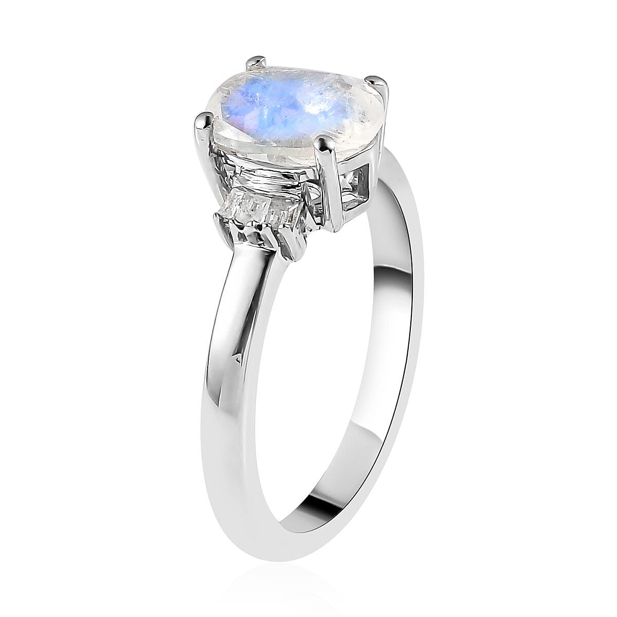 Premium Rainbow Moonstone and Diamond Ring in Platinum Over Sterling Silver (Size 10.0) 1.25 ctw
