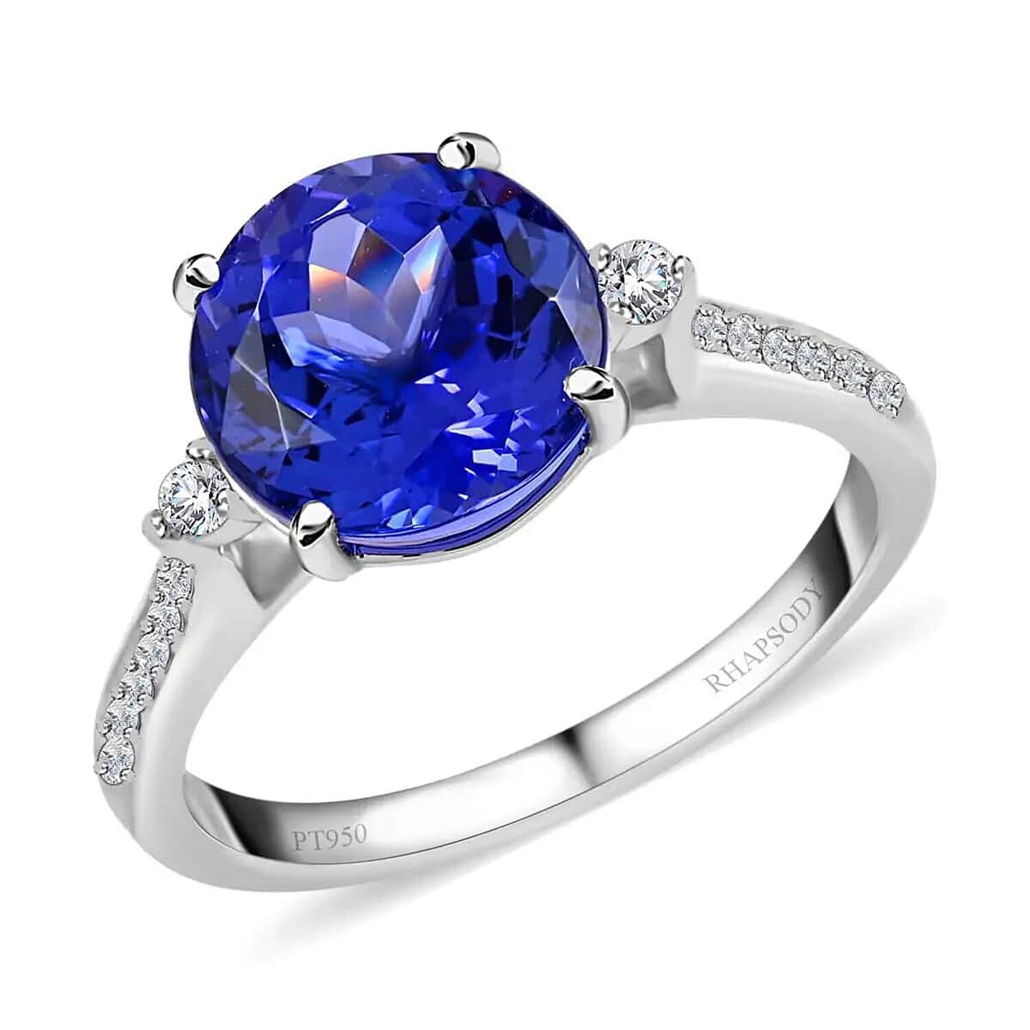 Rhapsody Certified & Appraised AAAA Tanzanite Ring,  E-F VS Diamond Accent Ring, 950 Platinum Ring, Wedding Ring 4.80 Grams 3.25