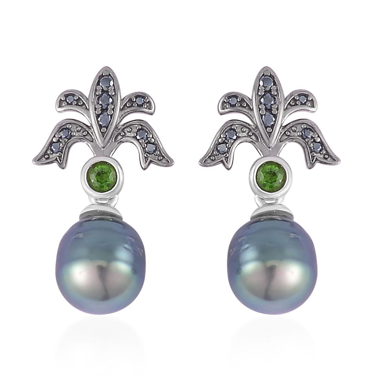 Tahitian Cultured Pearl and Multi Gemstone Drop Earrings in Sterling Silver 0.30 ctw