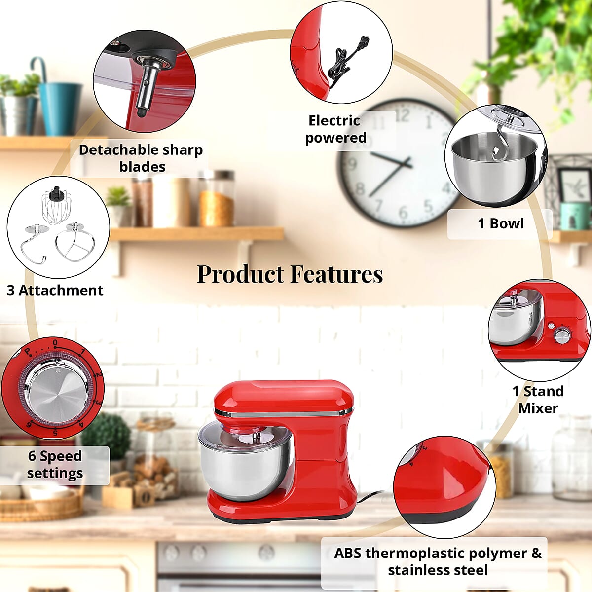 Homesmart  3-in-1 Stand Mixer with Beater, Dough Hook, Whisking Cone Attachments (Power 1000W) - Red image number 1