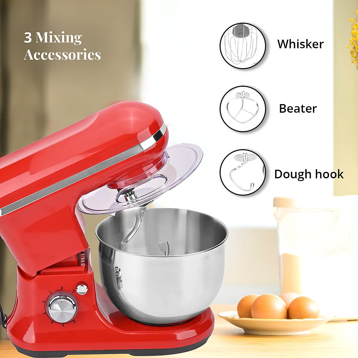 Homesmart  3-in-1 Stand Mixer with Beater, Dough Hook, Whisking Cone Attachments (Power 1000W) - Red image number 2