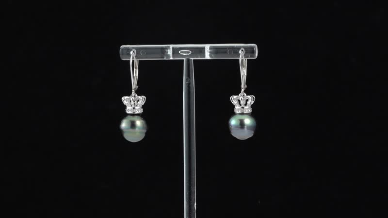 Tahitian Cultured Pearl and White Zircon Lever Back Crown Earrings in Rhodium Over Sterling Silver 0.25 ctw